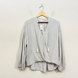 NWT LOU & GREY for LOFT L/S Faux Wrap V-Neck Blouse Tassel in Ivory